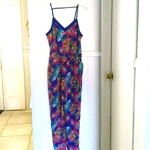 Xhilaration blue multicolored leaf print jumpsuit